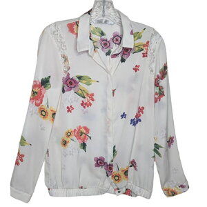 Zara Trafaluc white floral silky dressy blouse size small